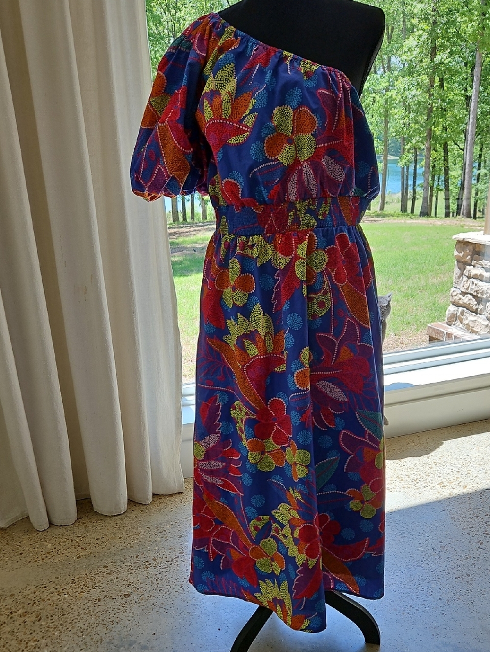 Sugarlips Blue Floral One-Shoulder Dress. Size L - Picture 1 of 3